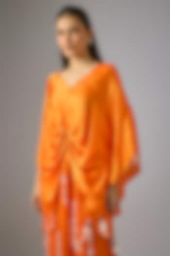 Saffron Blended Satin Draped Kaftan by Dilnaz Karbhary at Pernia's Pop Up Shop