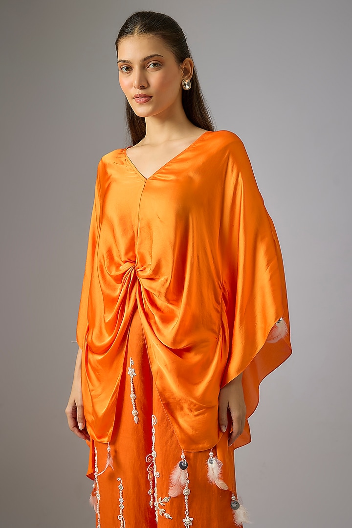 Saffron Blended Satin Draped Kaftan by Dilnaz Karbhary at Pernia's Pop Up Shop