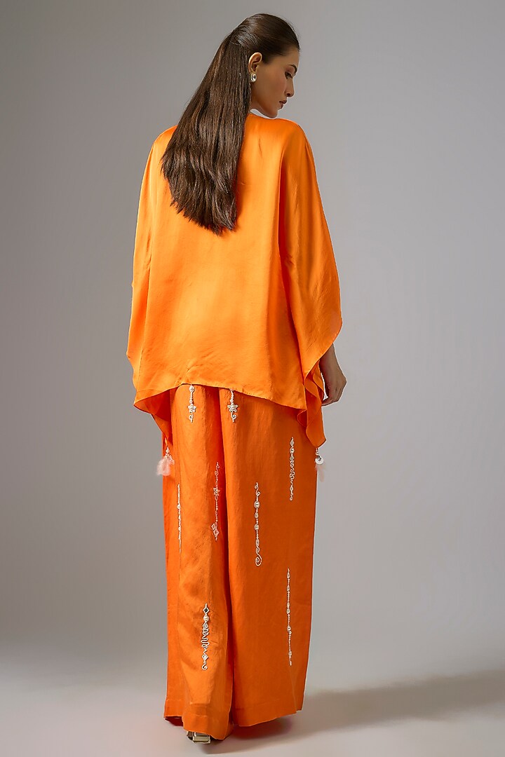 Saffron Blended Satin Draped Kaftan by Dilnaz Karbhary at Pernia's Pop Up Shop