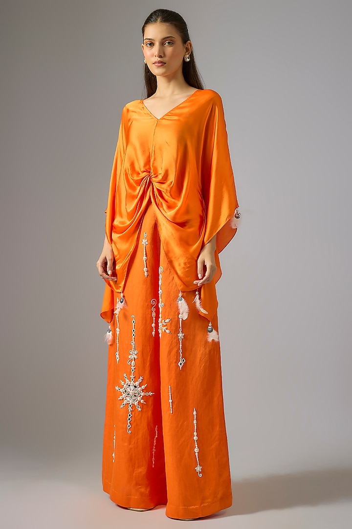 Saffron Blended Satin Draped Kaftan by Dilnaz Karbhary at Pernia's Pop Up Shop