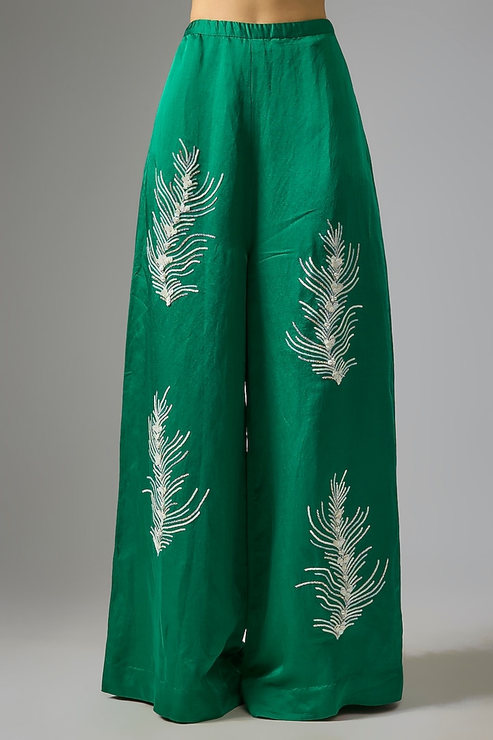 Emerald Green Blended Linen Embellished Trousers by Dilnaz Karbhary at Pernia's Pop Up Shop