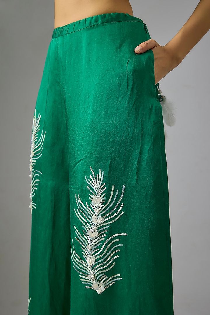 Emerald Green Blended Linen Embellished Trousers by Dilnaz Karbhary at Pernia's Pop Up Shop