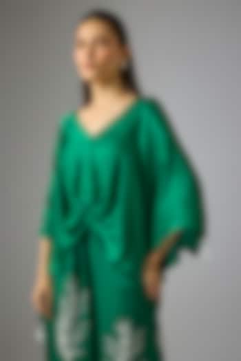 Emerald Green Blended Satin Draped Kaftan by Dilnaz Karbhary at Pernia's Pop Up Shop
