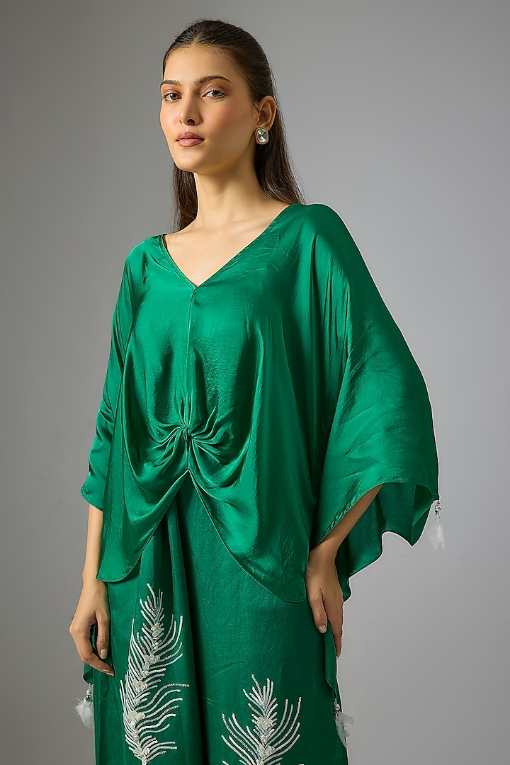 Emerald Green Blended Satin Draped Kaftan by Dilnaz Karbhary at Pernia's Pop Up Shop