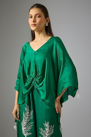 Emerald Green Blended Satin Draped Kaftan by Dilnaz Karbhary