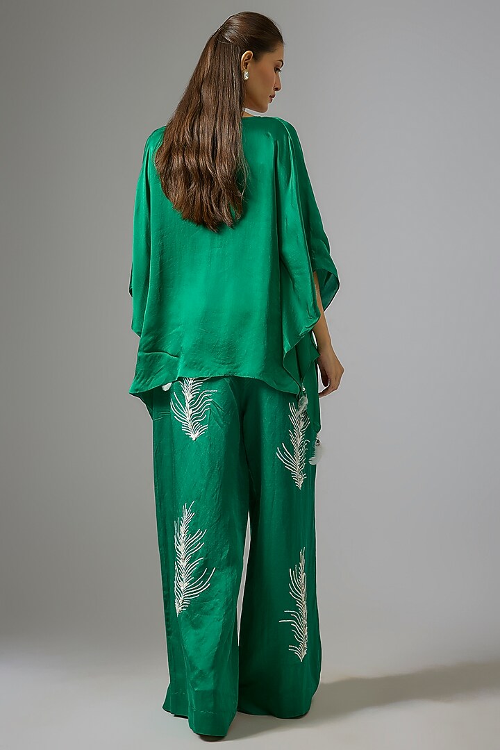 Emerald Green Blended Satin Draped Kaftan by Dilnaz Karbhary at Pernia's Pop Up Shop