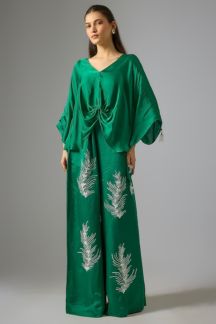 Emerald Green Blended Satin Draped Kaftan by Dilnaz Karbhary at Pernia's Pop Up Shop