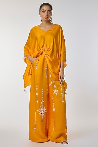 Chrome Yellow Blended Linen Trousers by Dilnaz Karbhary