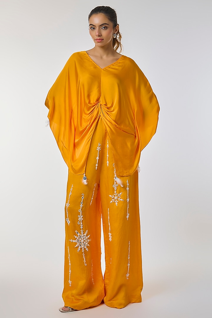 Chrome Yellow Blended Satin Kaftan by Dilnaz Karbhary at Pernia's Pop Up Shop