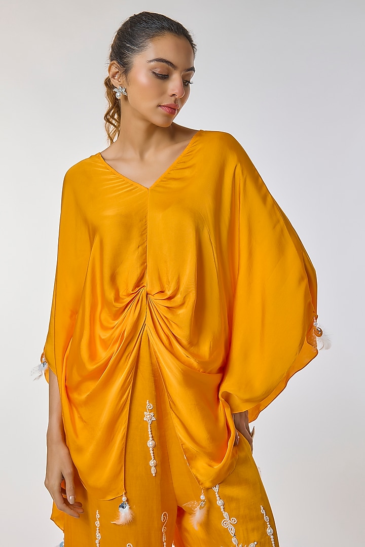 Chrome Yellow Blended Satin Kaftan by Dilnaz Karbhary at Pernia's Pop Up Shop