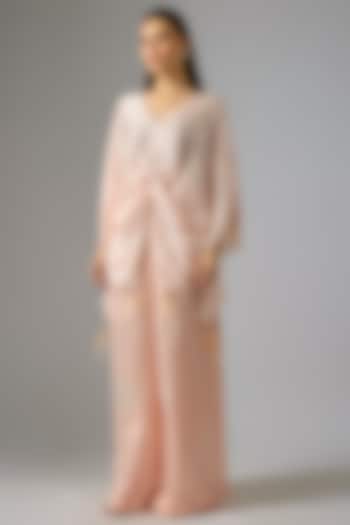 Light Peach Blended Linen Embellished Trousers by Dilnaz Karbhary at Pernia's Pop Up Shop