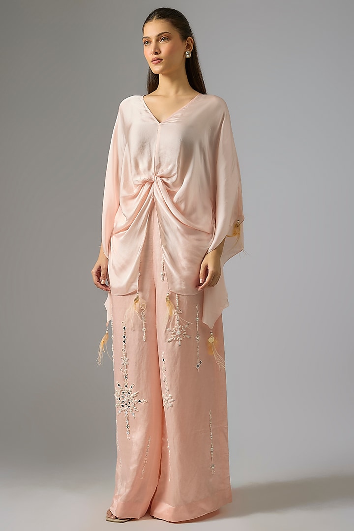 Light Peach Blended Linen Embellished Trousers by Dilnaz Karbhary at Pernia's Pop Up Shop