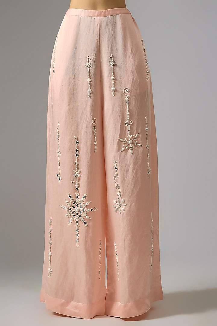 Light Peach Blended Linen Embellished Trousers by Dilnaz Karbhary at Pernia's Pop Up Shop