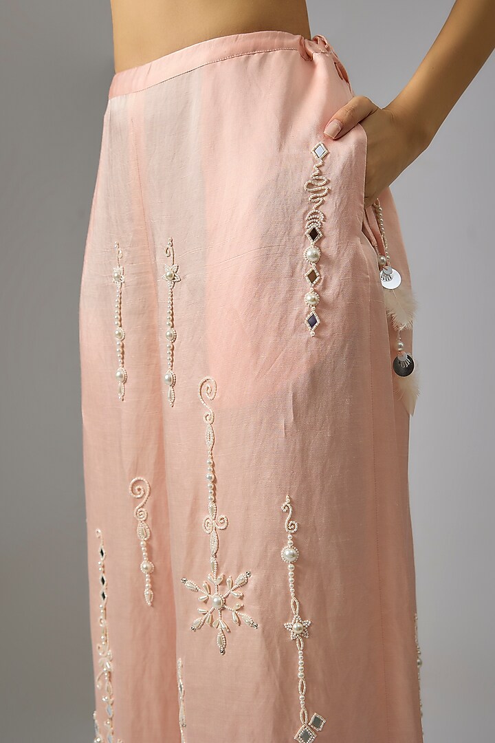Light Peach Blended Linen Embellished Trousers by Dilnaz Karbhary at Pernia's Pop Up Shop