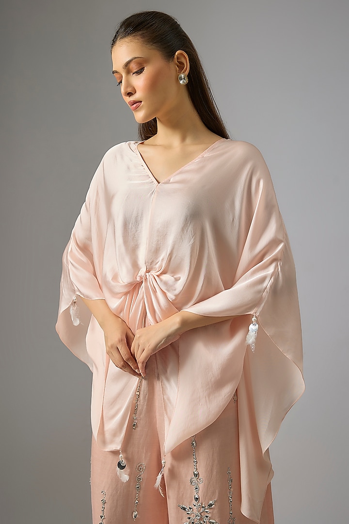 Light Peach Blended Satin Draped Kaftan by Dilnaz Karbhary at Pernia's Pop Up Shop