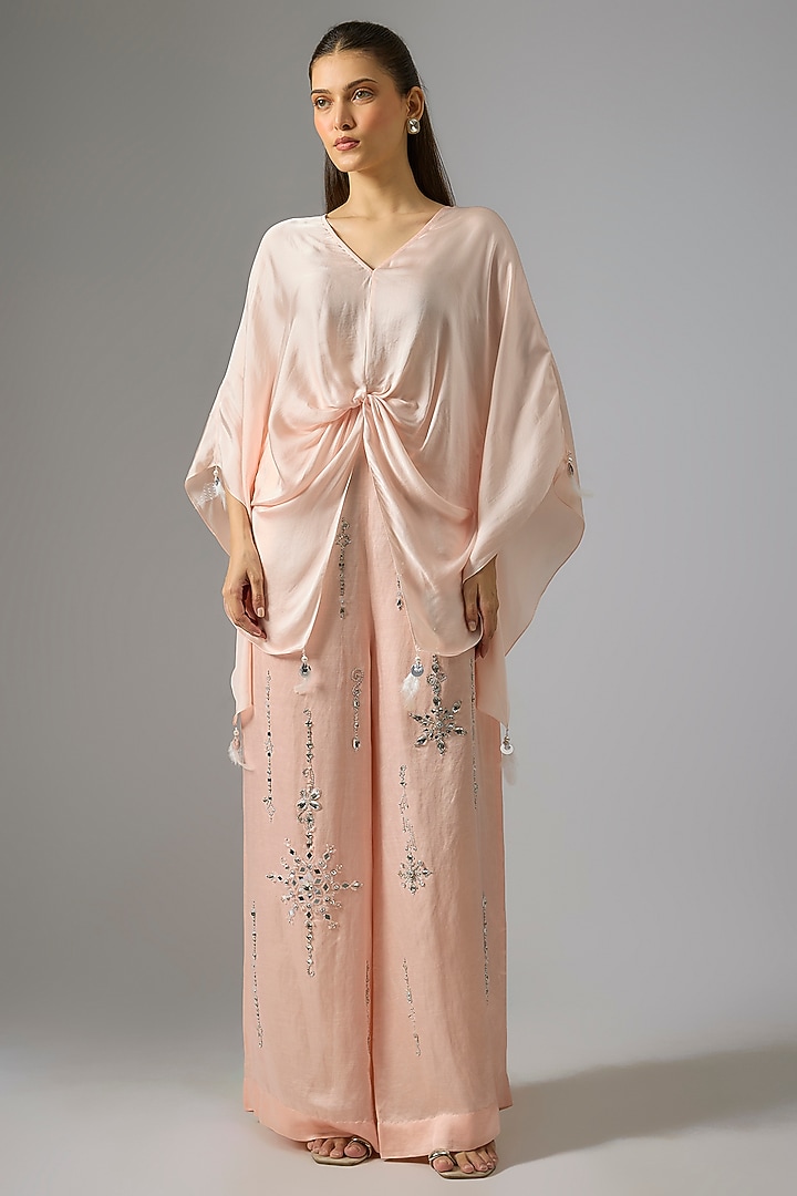 Light Peach Blended Satin Draped Kaftan by Dilnaz Karbhary at Pernia's Pop Up Shop