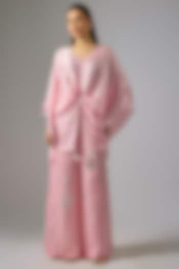 Light Pink Blended Linen Embellished Trousers by Dilnaz Karbhary at Pernia's Pop Up Shop