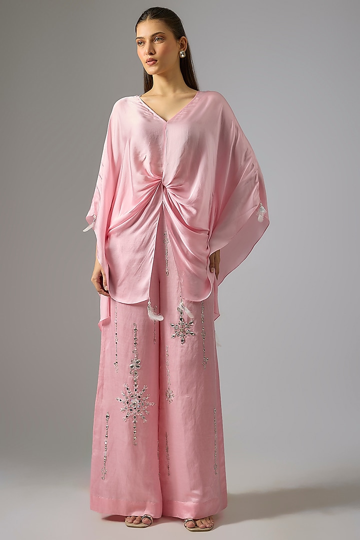 Light Pink Blended Linen Embellished Trousers by Dilnaz Karbhary at Pernia's Pop Up Shop
