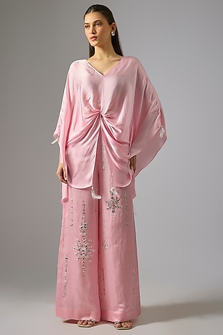 Light Pink Blended Linen Embellished Trousers by Dilnaz Karbhary