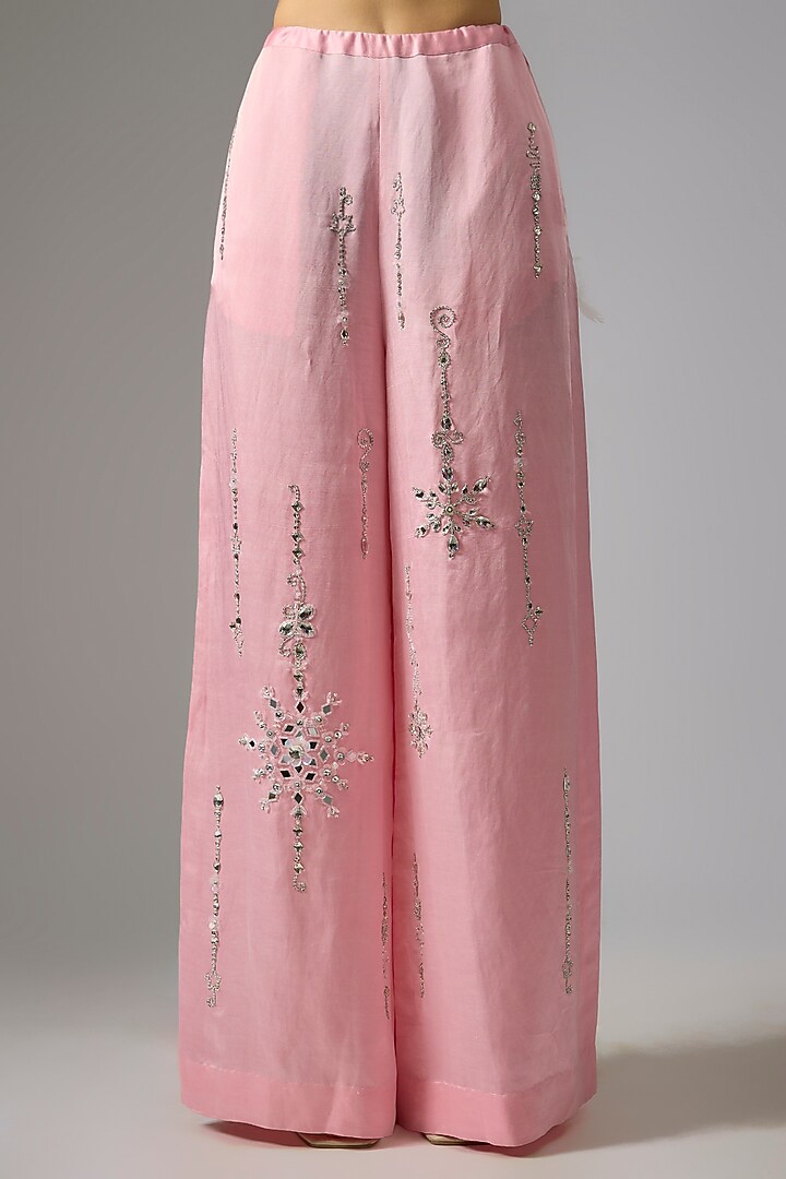 Light Pink Blended Linen Embellished Trousers by Dilnaz Karbhary at Pernia's Pop Up Shop