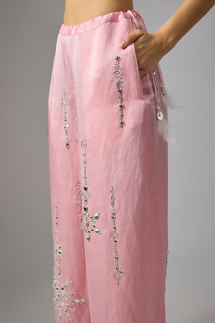 Light Pink Blended Linen Embellished Trousers by Dilnaz Karbhary at Pernia's Pop Up Shop
