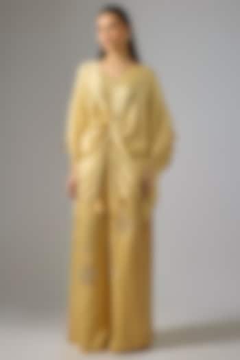 Light Gold Blended Linen Embellished Trousers by Dilnaz Karbhary at Pernia's Pop Up Shop