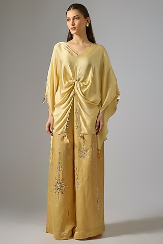 Light Gold Blended Linen Embellished Trousers by Dilnaz Karbhary