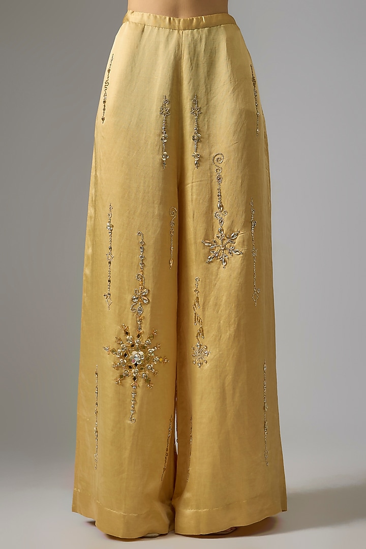 Light Gold Blended Linen Embellished Trousers by Dilnaz Karbhary at Pernia's Pop Up Shop
