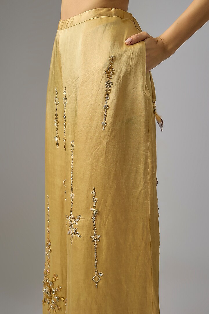 Light Gold Blended Linen Embellished Trousers by Dilnaz Karbhary at Pernia's Pop Up Shop