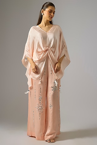 Light Peach Blended Linen Embroidered Trousers by Dilnaz Karbhary