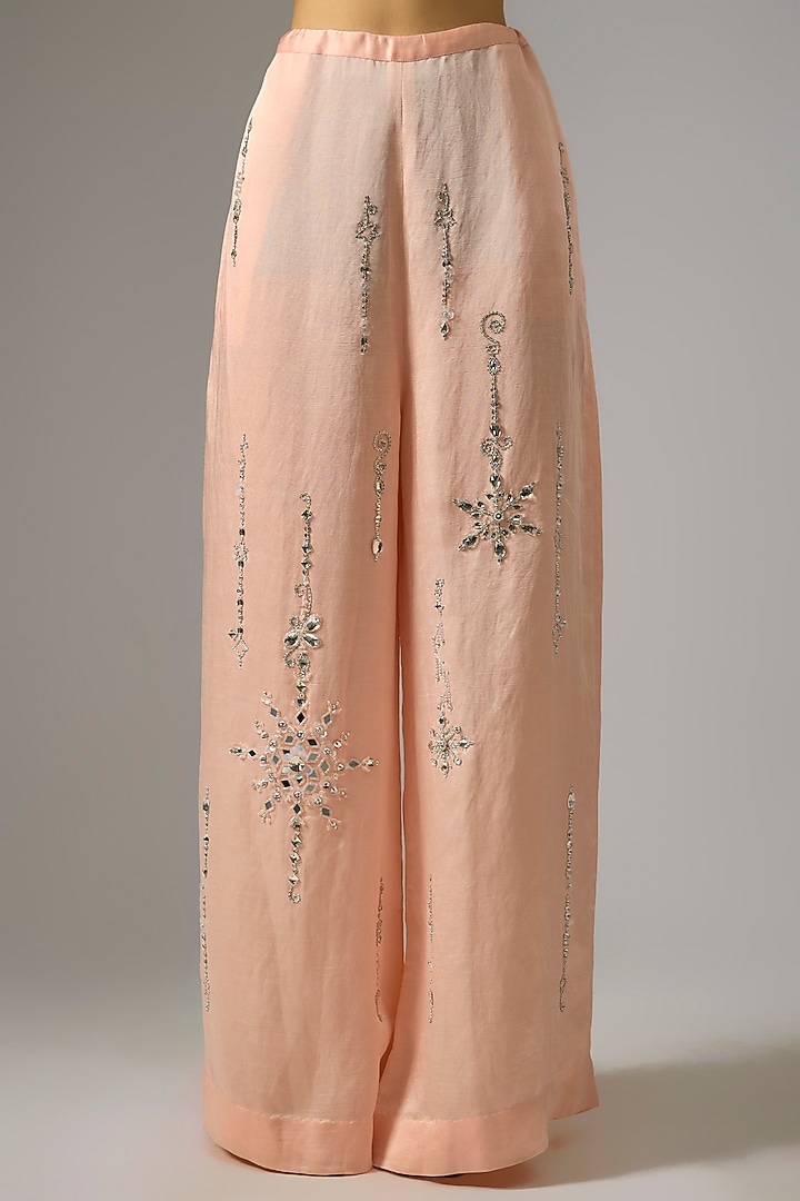 Light Peach Blended Linen Embroidered Trousers by Dilnaz Karbhary at Pernia's Pop Up Shop
