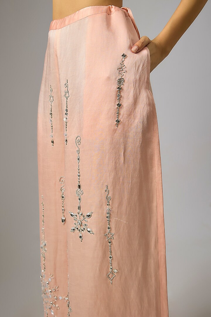 Light Peach Blended Linen Embroidered Trousers by Dilnaz Karbhary at Pernia's Pop Up Shop