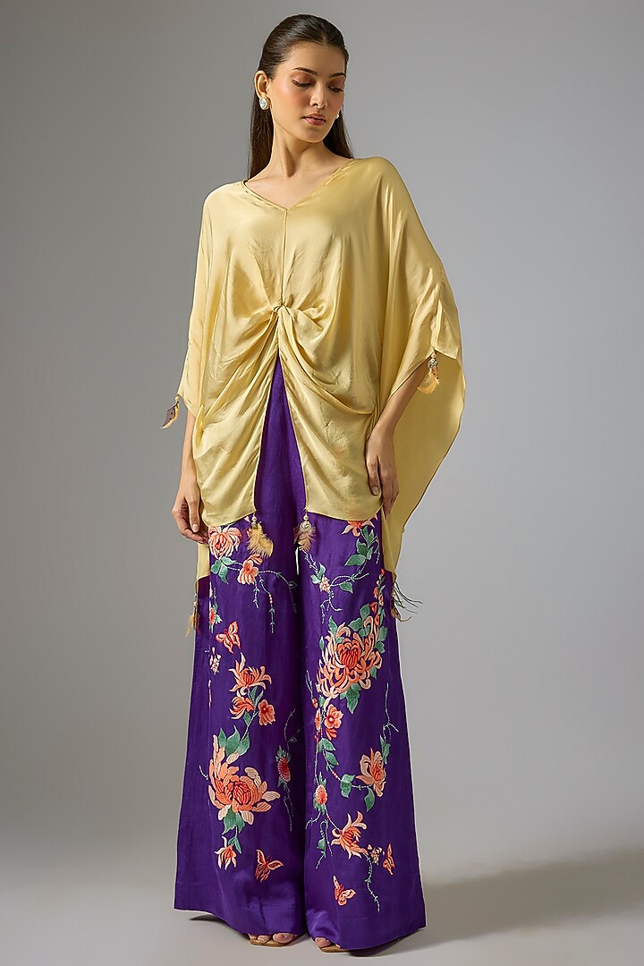 Purple Blended Linen Thread Embroidered Trousers by Dilnaz Karbhary at Pernia's Pop Up Shop