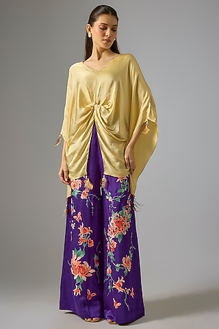 Purple Blended Linen Thread Embroidered Trousers by Dilnaz Karbhary