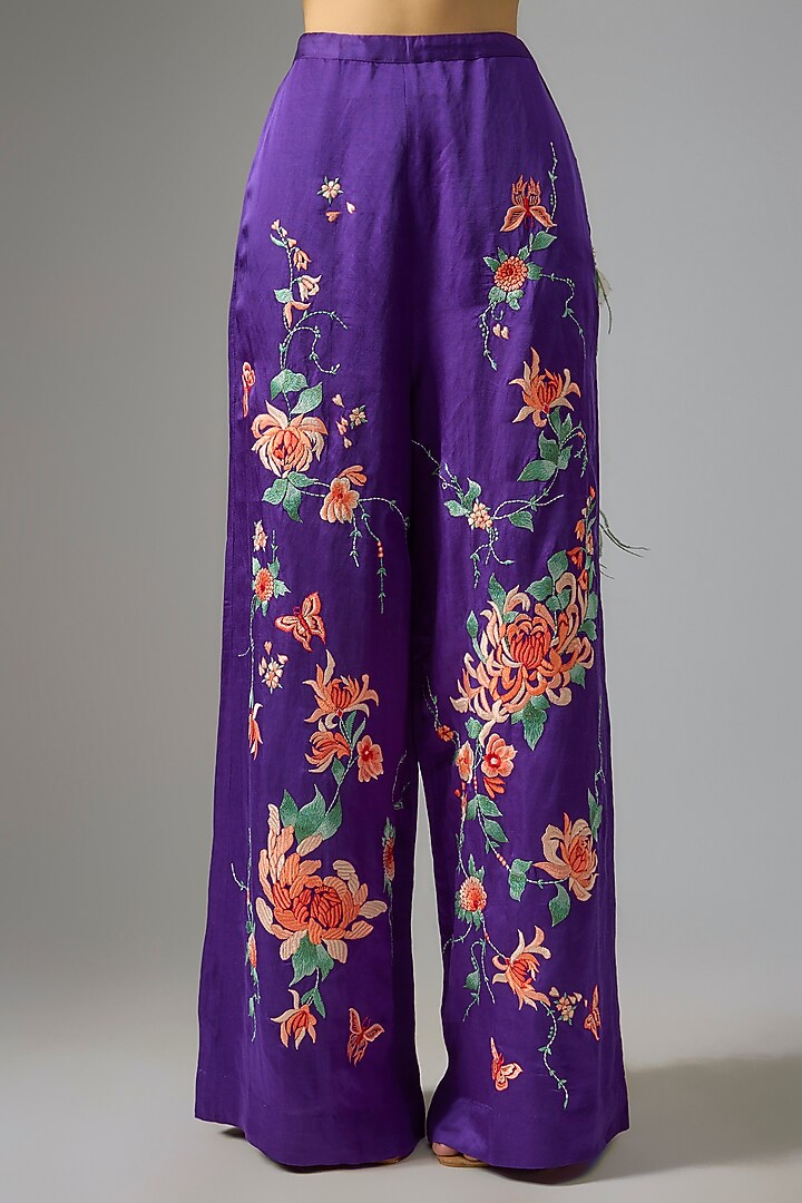 Purple Blended Linen Thread Embroidered Trousers by Dilnaz Karbhary at Pernia's Pop Up Shop