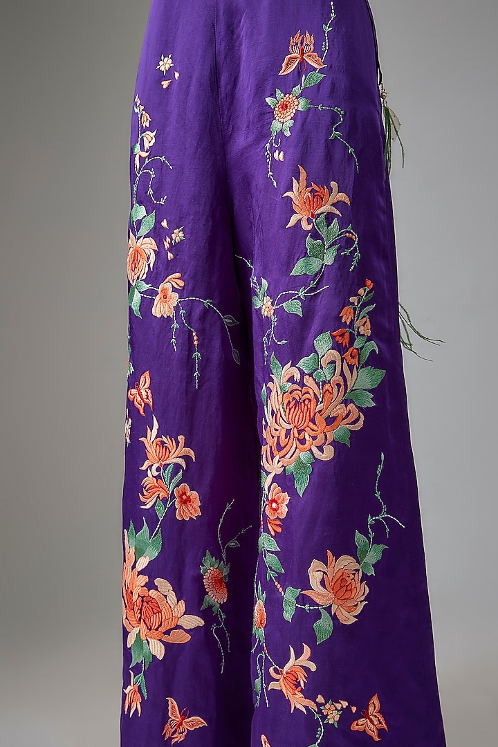 Purple Blended Linen Thread Embroidered Trousers by Dilnaz Karbhary at Pernia's Pop Up Shop