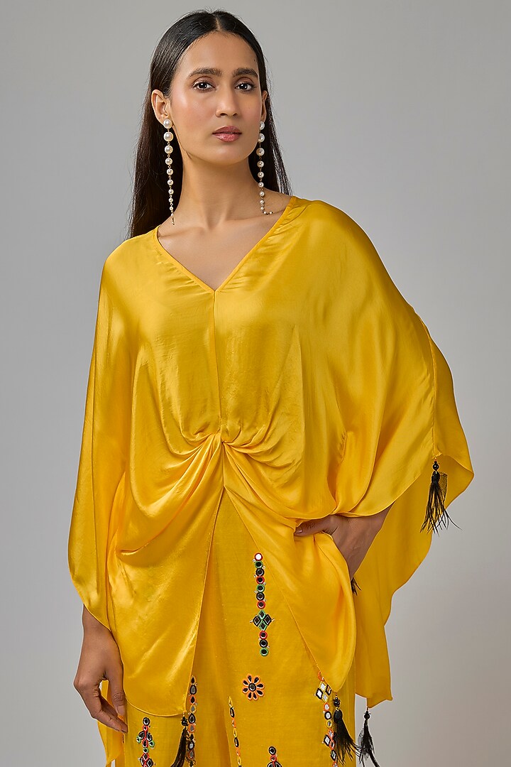 Mango Yellow Blended Satin Kaftan by Dilnaz Karbhary at Pernia's Pop Up Shop
