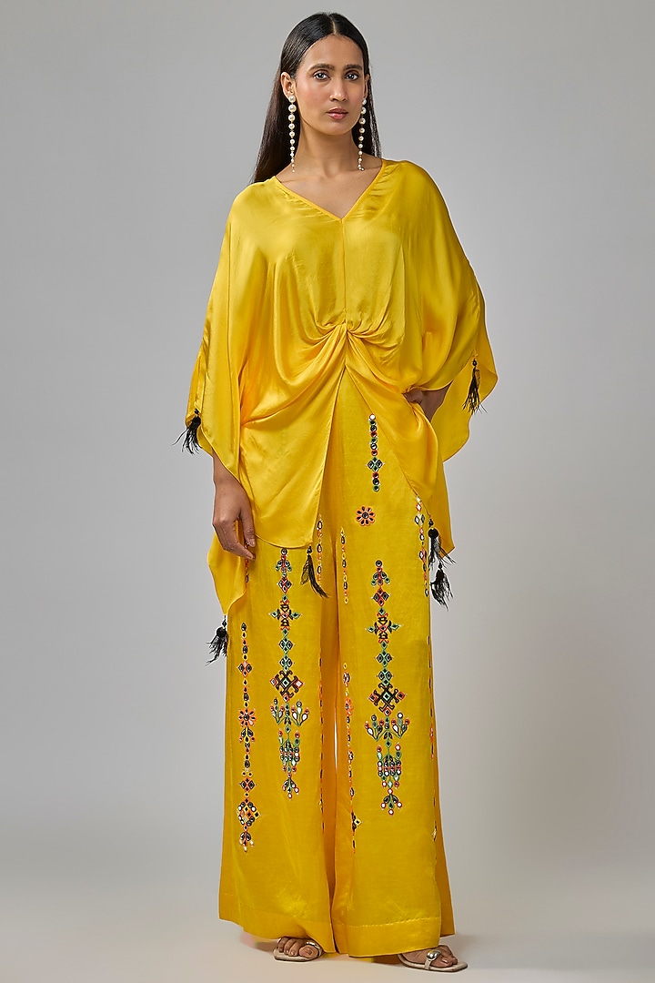 Mango Yellow Blended Satin Mirror Embroidered Trousers by Dilnaz Karbhary at Pernia's Pop Up Shop