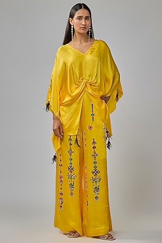 Mango Yellow Blended Satin Mirror Embroidered Trousers by Dilnaz Karbhary