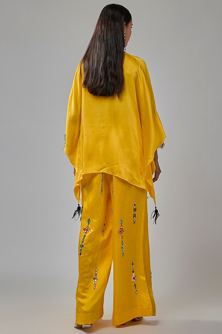Mango Yellow Blended Satin Mirror Embroidered Trousers by Dilnaz Karbhary at Pernia's Pop Up Shop