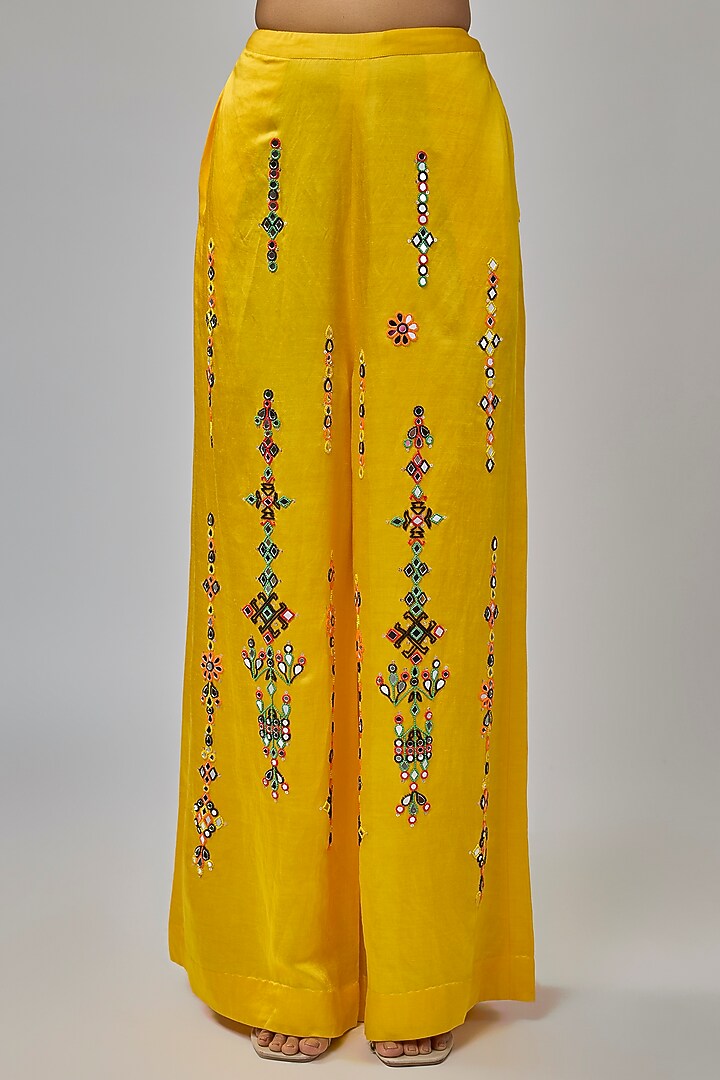 Mango Yellow Blended Satin Mirror Embroidered Trousers by Dilnaz Karbhary at Pernia's Pop Up Shop