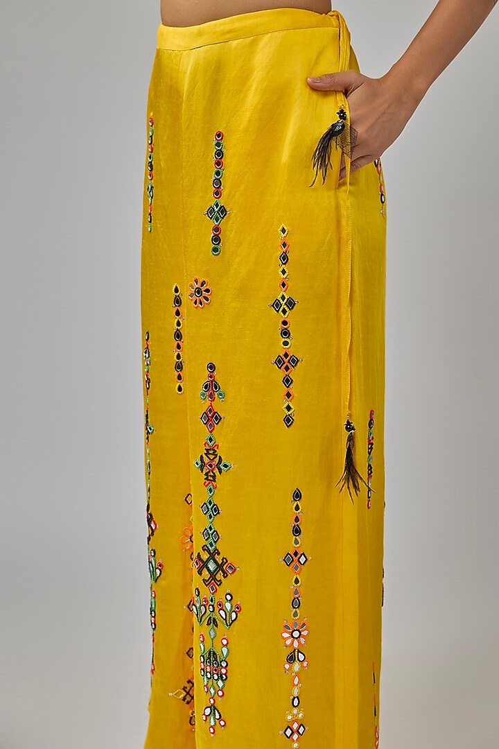 Mango Yellow Blended Satin Mirror Embroidered Trousers by Dilnaz Karbhary at Pernia's Pop Up Shop