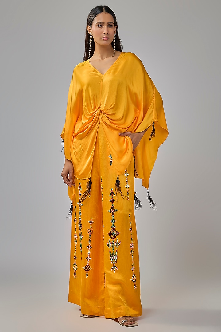 Chrome Yellow Blended Satin Kaftan by Dilnaz Karbhary at Pernia's Pop Up Shop