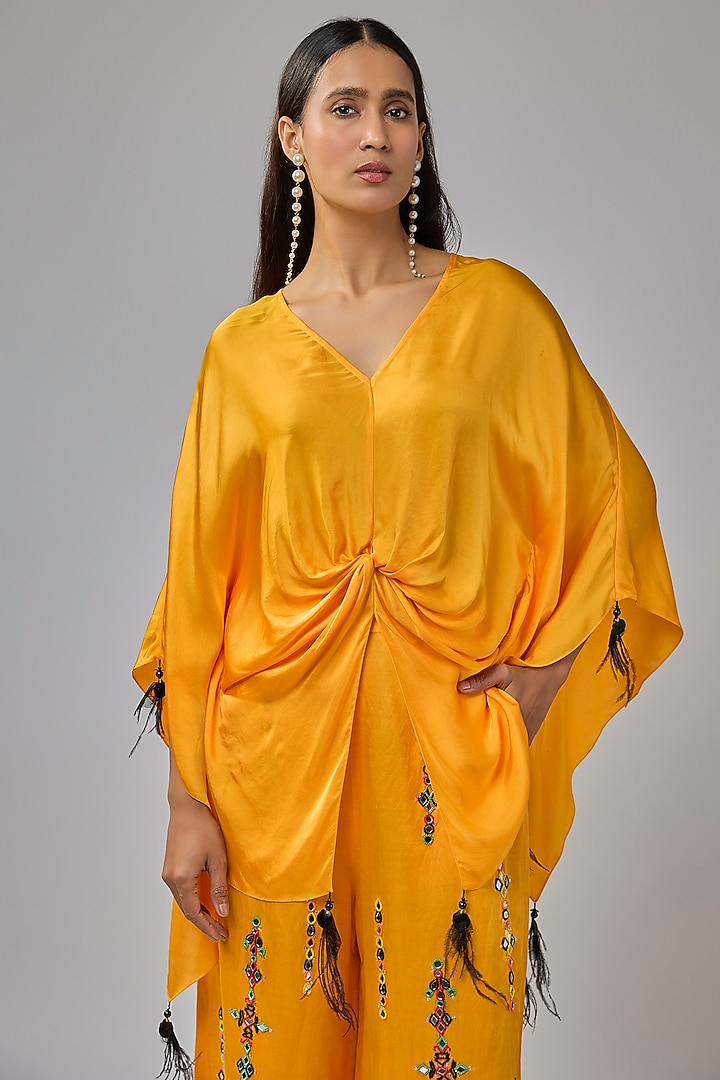 Chrome Yellow Blended Satin Kaftan by Dilnaz Karbhary at Pernia's Pop Up Shop