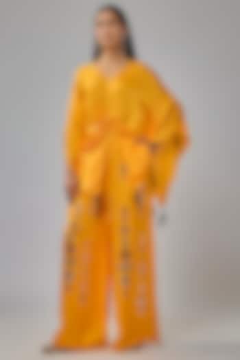 Chrome Yellow Blended Satin Mirror Embroidered Trousers by Dilnaz Karbhary at Pernia's Pop Up Shop