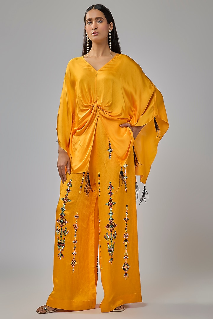 Chrome Yellow Blended Satin Mirror Embroidered Trousers by Dilnaz Karbhary at Pernia's Pop Up Shop
