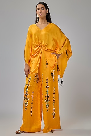 Chrome Yellow Blended Satin Mirror Embroidered Trousers by Dilnaz Karbhary