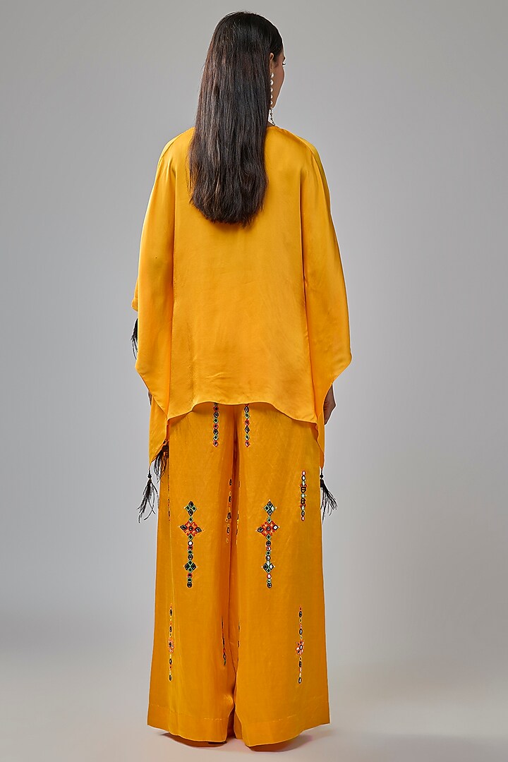 Chrome Yellow Blended Satin Mirror Embroidered Trousers by Dilnaz Karbhary at Pernia's Pop Up Shop