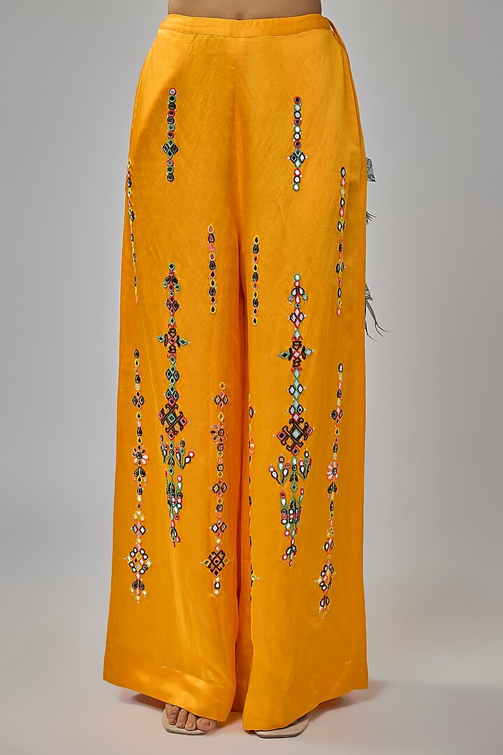 Chrome Yellow Blended Satin Mirror Embroidered Trousers by Dilnaz Karbhary at Pernia's Pop Up Shop