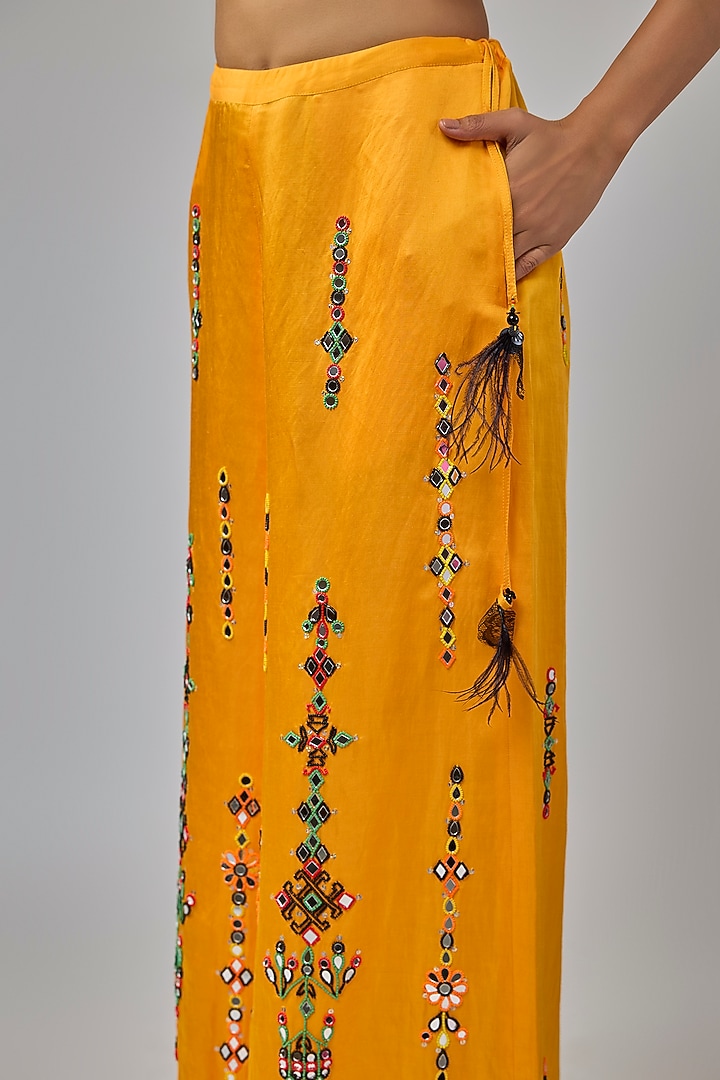 Chrome Yellow Blended Satin Mirror Embroidered Trousers by Dilnaz Karbhary at Pernia's Pop Up Shop
